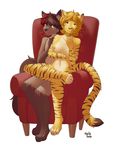  2017 anthro breasts canine casual_nudity chair collar crossed_legs duo feline female fur grey_fur hair looking_at_viewer male mammal marblesoda navel nipples nude open_mouth orange_fur paws simple_background sitting smile stripes tiger white_background 