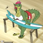  2016 4_fingers 4_toes absurd_res anthro arm_support bagelcollector beach big_breasts breasts cleavage clothed clothing crocodile crocodilian digital_media_(artwork) female footwear green_scales hair half-closed_eyes hi_res looking_at_viewer nipple_bulge non-mammal_breasts outside pink_eyes pink_hair reptile sand sandals scales scalie seaside slightly_chubby slit_pupils smile solo standing surfboard teeth toes 