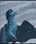  blue_feathers blue_hair deanosaior detailed_background dragon feathered_dragon feathered_wings feathers fur furred_dragon hair pale_eyes snow wings 