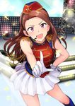  brown_hair confetti dancing gloves hand_on_hip hat headset highres idolmaster idolmaster_(classic) long_hair looking_at_viewer microphone minase_iori open_mouth pink_eyes pleated_skirt skirt solo stage sweat tsurui 