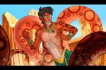  clothed clothing hair jewelry male mikinyaro naga necklace open_mouth outside reptile scales scalie smile snake snake_humanoid solo topless 