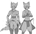  anthro canine clothed clothing duo fox fur greyscale hair knife kyuuri looking_at_viewer male mammal monochrome smile standing 
