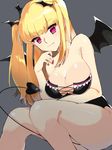  bangs bare_legs blonde_hair blunt_bangs blush breast_hold breasts cleavage collarbone demon_girl demon_tail demon_wings fang grey_background hair_ornament hand_up highres large_breasts long_hair looking_at_viewer red_eyes sen_(natuo8805) simple_background smile solo tail tokyo_7th_sisters two_side_up uesugi_u_kyouko wings 