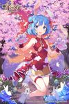  age_of_ishtaria animal_ears blue_eyes blue_flower blue_hair blue_rose blush bow bunny_ears character_request claws copyright_name double_bun egg eyebrows_visible_through_hair flower hair_bow hair_ornament highres looking_at_viewer open_mouth paws red_bow rose shoonia short_hair sleeveless smile solo tail white_bow 