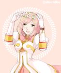  1girl blush breasts dress estellise_sidos_heurassein flower gloves green_eyes open_mouth pink_background pink_hair short_hair tales_of_(series) tales_of_vesperia 