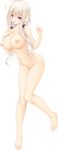 ahoge barefoot breasts censored full_body hair_over_shoulder hanabusa_koharu hand_on_own_chest hatsujou_sprinkle highres large_breasts long_hair looking_at_viewer mikagami_mamizu mosaic_censoring navel nipples nude open_mouth purple_eyes pussy smile solo transparent_background white_hair 