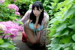  1girl asian bikini black_hair blue_bikini boots breasts chouzuki_maryou female flower hydrangea large_breasts long_hair photo plump raincoat solo swimsuit 