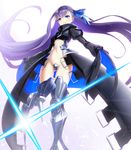 ass_visible_through_thighs blue_eyes crotch_plate fate/extra fate/extra_ccc fate_(series) greaves grin kurobuchi_numama long_hair looking_at_viewer meltlilith navel purple_hair revealing_clothes sleeves_past_wrists smile solo very_long_hair 