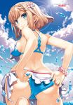  adjusting_clothes adjusting_swimsuit ass bangs bare_shoulders bikini blue_sky blush breasts brown_hair cloud comic_penguin_club day eyebrows_visible_through_hair hair_ornament highres looking_at_viewer looking_back medium_breasts original outdoors short_hair sky smile solo sunlight swimsuit swimsuit_skirt water yan-yam 
