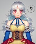  1girl adapted_costume bare_shoulders blush breasts collarbone commentary_request corset dress elbow_gloves gloves highres kanou_(natsuno0223) long_hair medium_breasts red_eyes sakata_nemuno silver_hair spoken_interrobang touhou underbust wavy_hair yellow_dress 