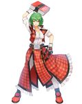  akira_(cookie) arm_up bangs belt book breasts cleavage collarbone collared_shirt commentary_request cookie_(touhou) eyebrows_visible_through_hair full_body gloves green_hair guilty_gear highres holding holding_book kazami_yuuka large_breasts looking_at_viewer orange_eyes order-sol pantyhose parody plaid plaid_skirt shirt shoes short_hair short_sleeves skirt sleeveless smile solo standing tarmo touhou translation_request transparent_background white_legwear white_shirt 