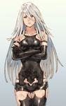  bare_shoulders collarbone crossed_arms elbow_gloves gloves highres makimura_shunsuke mole mole_under_mouth nier_(series) nier_automata short_shorts shorts silver_eyes silver_hair solo thighhighs yorha_type_a_no._2 