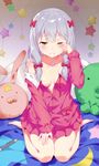  bangs bare_shoulders barefoot blue_eyes blush bow breasts buttons cleavage collarbone commentary_request crescent_print day eromanga_sensei eyebrows_visible_through_hair frilled_sleeves frills hair_bow highres indoors izumi_sagiri knees_together_feet_apart light_frown long_hair long_sleeves looking_at_viewer low-tied_long_hair off_shoulder open_clothes open_pajamas pajamas pink_bow pocket red_bow rubbing_eyes silver_hair sitting small_breasts solo star star_print stuffed_animal stuffed_octopus stuffed_toy stylus tears waking_up wariza wiping_face wiping_tears yijian_ma 