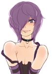  1boy 2n5 blush crossdressing hair_over_one_eye long_gloves looking_at_viewer male_focus mikel-kun piercing purple_eyes purple_hair short_hair simple_background smile trap white_background 