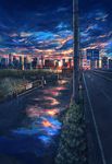  cable city_lights cityscape cloud cloudy_sky evening fence grass highres landscape no_humans original outdoors pippi_(pixiv_1922055) puddle reflection road road_sign scenery sign sky traffic_cone 