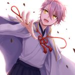  androgynous backlighting dutch_angle highres jacket_on_shoulders japanese_clothes jewelry katsugeki/touken_ranbu looking_at_viewer open_mouth outstretched_arm petals pink_hair ring saniwa_(katsugeki/touken_ranbu) sen'en_(0qsen) short_hair smile solo touken_ranbu yellow_eyes 