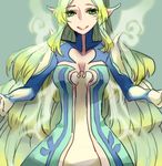  1girl aqua_hair breasts cleavage dress green_eyes muzet_(tales) pointy_ears smile tales_of_(series) tales_of_xillia very_long_hair wings 