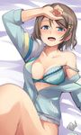  blue_eyes bottomless bra breasts brown_hair condom_wrapper hair_ornament hairclip highres jacket looking_at_viewer love_live! love_live!_sunshine!! lying medium_breasts nanotsuki on_back on_bed open_clothes open_jacket solo strap_slip sweat underwear watanabe_you 