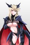  armor armored_dress artoria_pendragon_(all) artoria_pendragon_(lancer_alter) bangs blonde_hair breasts cape cleavage commentary_request cowboy_shot daijoubu?_oppai_momu? fate/grand_order fate_(series) gauntlets horns large_breasts looking_at_viewer navel pauldrons self_fondle short_hair sideboob solo sushimaro swept_bangs underboob yellow_eyes 
