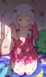  bare_shoulders barefoot blue_eyes blush bow breasts buttons collarbone crescent_print day eromanga_sensei frilled_sleeves frills hair_bow highres indoors izumi_sagiri knees_together_feet_apart light_frown long_hair long_sleeves looking_at_viewer low-tied_long_hair off_shoulder open_clothes open_pajamas pajamas pocket red_bow silver_hair sitting small_breasts solo star star_print stuffed_animal stuffed_octopus stuffed_toy stylus sunlight tears waking_up wariza wiping_face wiping_tears yijian_ma 