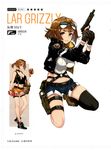 absurdres artist_request asymmetrical_legwear bangs bare_shoulders belt_pouch boots breasts brown_hair cleavage collar collarbone earrings eyebrows_visible_through_hair eyewear_on_head food full_body girls_frontline glasses gloves grizzly_mkv_(girls_frontline) gun hamburger handgun highres holding jacket jewelry looking_at_viewer medium_breasts midriff navel non-web_source official_art open_clothes open_jacket pouch purple_eyes scan shoes short_hair shorts simple_background sleeveless sneakers weapon white_background 