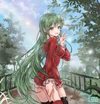  96dgd absurdres black_legwear day dress dungeon_and_fighter earrings flower green_eyes green_hair hair_flower hair_ornament highres holding_hands jewelry long_hair looking_at_viewer looking_back open_mouth outdoors park red_dress short_dress smile solo_focus thighhighs very_long_hair w 