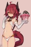  :t ahoge bare_shoulders blush braid breasts brown_eyes cake copyright_request dated elbow_gloves food food_on_face gloves hair_ornament hair_over_one_eye headpiece mou_tama_maru navel pink_background red_hair short_hair_with_long_locks side_braid simple_background small_breasts solo tail underboob white_gloves 