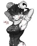  1girl armpits arms_up bell_earrings black_hair blood braid breasts covered_navel greyscale hands_behind_head hips large_breasts lin_lin_(one-punch_man) medium_breasts monochrome one-punch_man pelvic_curtain plaster scarf sideboob solo sweat the_golden_smurf twin_braids twintails 