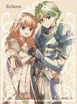  1girl alm_(fire_emblem) armor cape celica_(fire_emblem) fire_emblem fire_emblem_echoes:_mou_hitori_no_eiyuuou gloves green_eyes green_hair holding holding_hands kizuki_miki looking_at_viewer pauldrons pink_eyes pink_hair smile tiara 