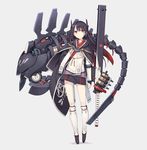  black_hair cape full_body headgear highres long_hair looking_at_viewer original poco_(asahi_age) red_eyes simple_background solo standing weapon 
