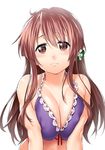  ahoge bangs bare_arms bare_shoulders bikini_top breast_squeeze breasts brown_eyes brown_hair collarbone commentary_request covered_nipples eyebrows_visible_through_hair flower frown hair_flower hair_ornament large_breasts long_hair looking_at_viewer onsoku_maru purple_bikini_top raised_eyebrows red_ribbon ribbon ribbon-trimmed_clothes ribbon_trim sakura_quest shinomiya_shiori shiny shiny_skin sidelocks simple_background solo tareme upper_body white_background 