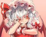  azuki_(azuki-taste) bat_wings blue_hair blush bow chair hand_on_own_face hat hat_ribbon looking_at_viewer mob_cap pink_background puffy_sleeves red_eyes remilia_scarlet ribbon short_hair short_sleeves simple_background smile solo touhou wings wrist_cuffs 