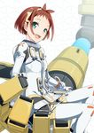  :d bodysuit boots brown_hair dual_persona gloves gochou_(atemonai_heya) green_eyes hairband highres id-0 looking_at_viewer mechanical_arm mikuri_maya open_mouth robot short_hair sitting_on_hand skirt smile solo spacesuit thigh_boots thighhighs 