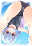 ahoge ass blue_sky blush borrowed_character breasts commentary_request day hair_ornament hairclip highres long_hair looking_at_viewer mesugaki one-piece_swimsuit original red_eyes school_swimsuit silver_hair sky small_breasts solo swimsuit tsunekichi upside-down 