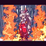  animated animated_gif bamboo bamboo_forest bow fire forest fujiwara_no_mokou full_body hair_ribbon letterboxed long_hair looking_at_viewer looking_back migel_futoshi nature navel ofuda pants pixel_art ponytail red_eyes ribbon sarashi silver_hair solo standing suspenders touhou very_long_hair 