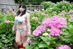  1girl asian bikini black_hair blue_bikini boots breasts chouzuki_maryou female flower hydrangea large_breasts long_hair photo plump raincoat solo swimsuit 