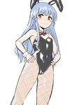 alternate_costume animal_ears bare_shoulders blue_hair blush bow bowtie breasts bunny_ears bunnysuit covered_navel eyebrows_visible_through_hair fake_animal_ears fishnet_pantyhose fishnets hands_on_hips hinanawi_tenshi long_hair momoiro_lettuce no_hat no_headwear pantyhose red_bow red_eyes simple_background sketch small_breasts solo standing touhou white_background 