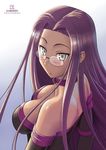  :&lt; artist_name bare_shoulders blush breasts bridal_gauntlets choker collarbone dress fate/stay_night fate_(series) glasses gradient gradient_background highres kami_mitsugu_(kamiken) large_breasts long_hair looking_at_viewer looking_back purple_eyes purple_hair rider solo square_pupils strapless strapless_dress very_long_hair 