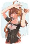  adjusting_hair ahoge bangs bare_arms belt breasts brown_hair closed_mouth collarbone eiyuu_densetsu estelle_bright eyelashes fingernails gem hair_tie hair_tie_in_mouth hands_up highres holding holding_hair long_hair looking_at_viewer mouth_hold nishihara_isao o-ring palms red_eyes short_sleeves small_breasts solo sora_no_kiseki tying_hair upper_body 