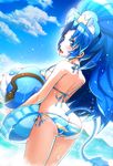  animal_ears arched_back ass bikini blue_bikini blue_choker blue_eyes blue_hair blue_sky butt_crack choker cloud commentary_request crown cure_gelato day dutch_angle earrings extra_ears fang holding jewelry kirakira_precure_a_la_mode lion_ears lion_tail long_hair looking_at_viewer ocean open_mouth precure shiny shiny_hair sky smile solo striped striped_bikini stuffed_toy swimsuit tail tanukimaso tategami_aoi water 