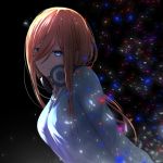  1girl black_background blue_cardigan blue_eyes breasts closed_mouth cosmicsnic from_side go-toubun_no_hanayome hair_over_one_eye headphones headphones_around_neck highres large_breasts leaning_forward long_hair long_sleeves looking_at_viewer looking_to_the_side motion_blur nakano_miku red_hair simple_background smile solo sparkle upper_body 