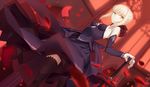  artoria_pendragon_(all) bare_shoulders black_dress black_legwear blonde_hair braid breasts closed_mouth criss-cross_halter dark_excalibur detached_sleeves dress dutch_angle expressionless eyebrows_visible_through_hair fate/stay_night fate_(series) french_braid hair_ribbon halterneck highres indoors looking_at_viewer motion_blur petals ribbon rose_petals saber_alter small_breasts solo sword thighhighs weapon yangsion yellow_eyes 