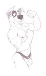  2017 anthro biceps biped black_and_white bulge canine clothed clothing digital_media_(artwork) dog dragondrawer ear_piercing fangs fighting_stance floppy_ears front_view hi_res male mammal monochrome muscular muscular_male navel nipples pecs piercing pointy_ears portrait pose simple_background snout solo standing thong three-quarter_portrait topless underwear white_background 