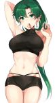  1girl absurdres alternate_costume arm_behind_head arm_up armpits bangs bare_arms bare_shoulders bike_shorts black_shorts blush breasts closed_mouth cowboy_shot earrings eyebrows_visible_through_hair fire_emblem fire_emblem:_rekka_no_ken fire_emblem_heroes green_eyes green_hair hair_tie hair_twirling head_tilt high_ponytail highres jewelry large_breasts long_hair looking_at_viewer lyndis_(fire_emblem) navel nintendo ormille parted_bangs ponytail shorts simple_background smile solo sports_bra stomach thigh_gap white_background 