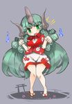  !! 1girl :d aqua_hair bangs bare_arms bare_legs blush breasts buttons cameltoe character_name cherry_blossoms cloud_print collared_shirt curly_hair curvy dancing eyebrows eyebrows_visible_through_hair fang full_body geta green_eyes grey_background heart highres hitodama horn kariyushi_shirt knees_together_feet_apart komano_aun long_hair looking_at_viewer looking_away looking_to_the_side medium_breasts mikojin open_mouth paw_pose raised_eyebrows red_shirt shadow shirt short_sleeves shorts smile solo standing text_focus thigh_gap tongue torii touhou very_long_hair white_shirt white_shorts wide_hips 
