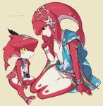  1girl bracelet brother_and_sister brown_eyes capelet finger_to_mouth fins fish_girl from_side full_body gem hair_ornament jewelry looking_at_another mipha pink_lips seiza siblings sidon sitting slit_pupils smile the_legend_of_zelda the_legend_of_zelda:_breath_of_the_wild translated utsugi_(skydream) yellow_eyes younger zora 