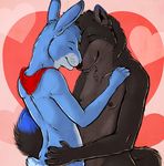  &lt;3 anthro bandanna black_fur black_hair black_nose blue_fur blue_hair canine duo eyes_closed fur grey_fur hair hand_on_butt hand_on_chest holidays hug lagomorph male mammal marjani nude pink_nose rabbit short_tail smile standing valentine&#039;s_day whiskers wolf 