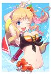  ;d bikini_top blonde_hair blue_eyes breasts character_name cleavage commentary_request dated flower happy_birthday heart idolmaster idolmaster_cinderella_girls large_breasts long_hair looking_at_viewer navel one_eye_closed ootsuki_yui open_mouth qixi_cui_xing side_ponytail smile solo v 