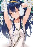  1girl armpits arms_behind_head arms_up bangs bare_arms blue_hair collarbone cross-laced_clothes daisy dress eyes_closed facing_viewer fire_emblem flower hair_between_eyes hand_in_hair hands_in_hair highres long_hair lucina nintendo ormille parted_lips sketch sleeveless sleeveless_dress solo tiara upper_body white_background 