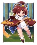  &gt;:) 1girl apron bamboo bangs benienma_(fate/grand_order) black_footwear blue_sky blush brown_eyes brown_hair brown_hat brown_kimono chibi closed_mouth commentary_request day eyebrows_visible_through_hair fate/grand_order fate_(series) full_body gradient_hair hat head_tilt highres holding holding_spoon japanese_clothes kimono long_sleeves multicolored_hair naga_u orange_hair outline parted_bangs platform_footwear short_kimono sky smile socks solo spoon tabi v-shaped_eyebrows white_apron white_legwear white_outline wide_sleeves wooden_spoon zouri 